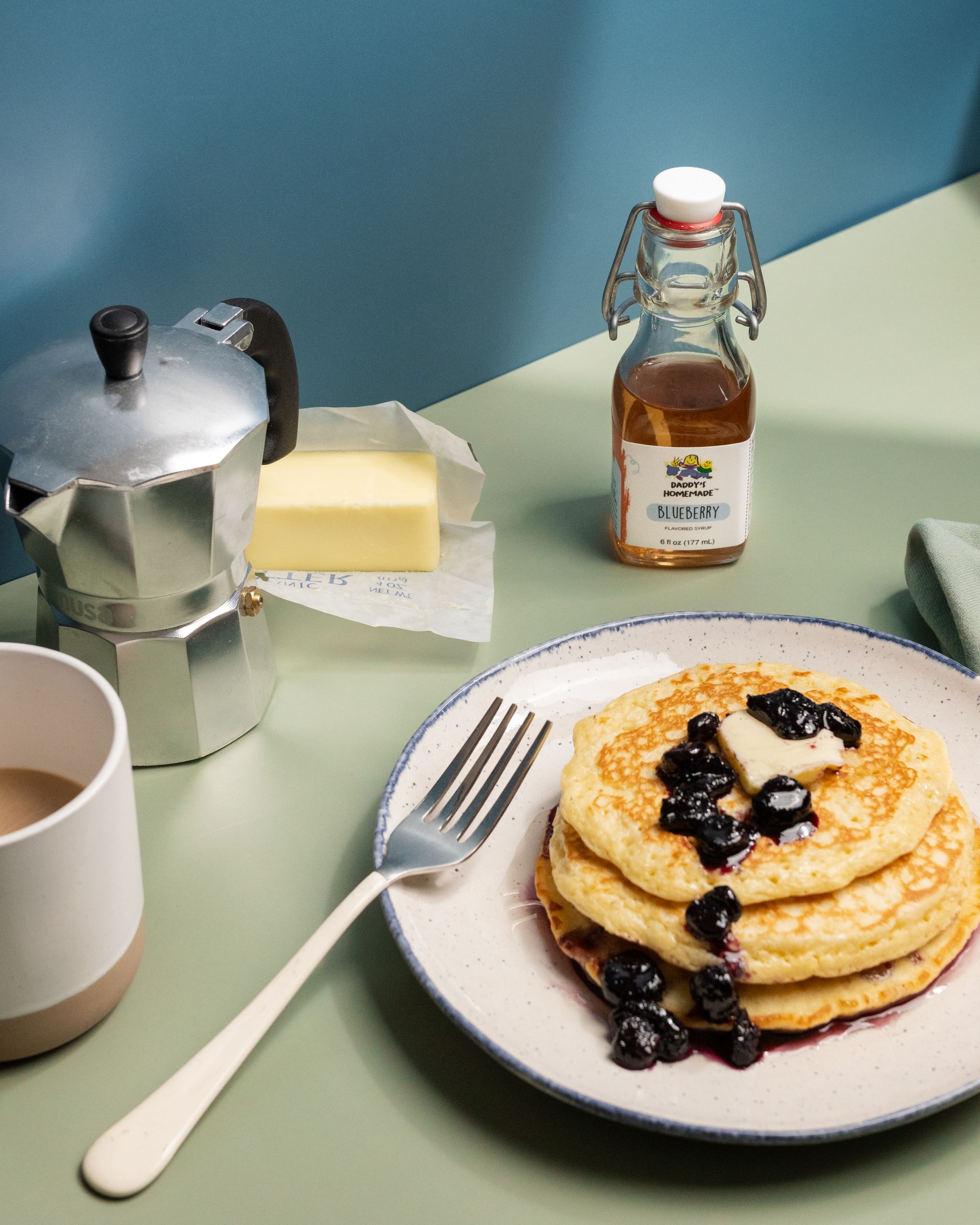 daddys homemade blueberry syrup on pancakes