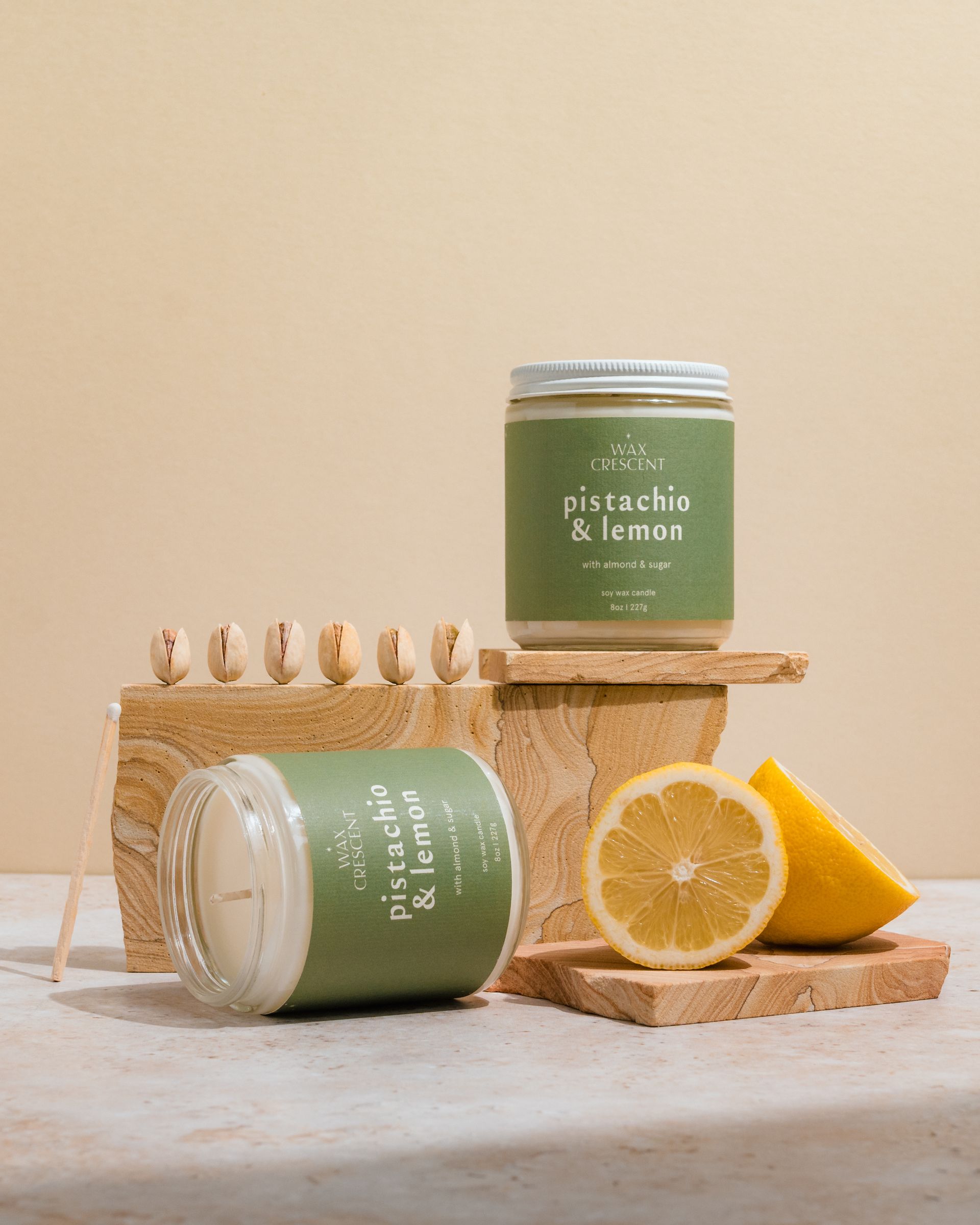 Wax Crescent Pistachio Lemon Candle 