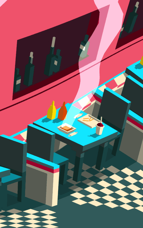 An isometric illustration of a diner with tables and chairs