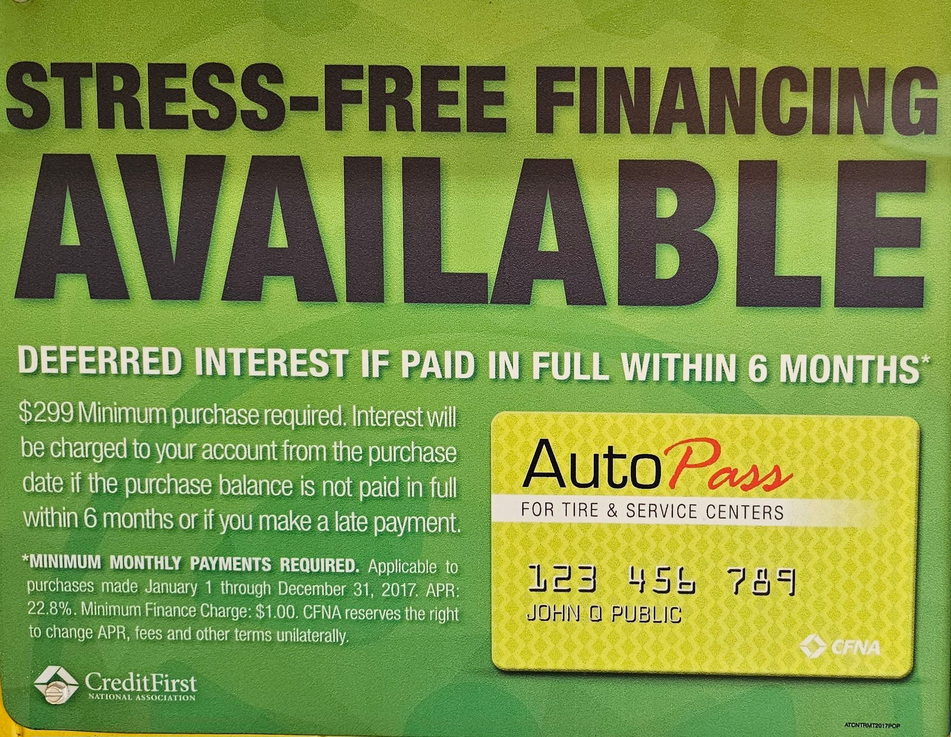 A promotional card for AutoPass credit offering six-month deferred interest financing with minimum monthly payments.