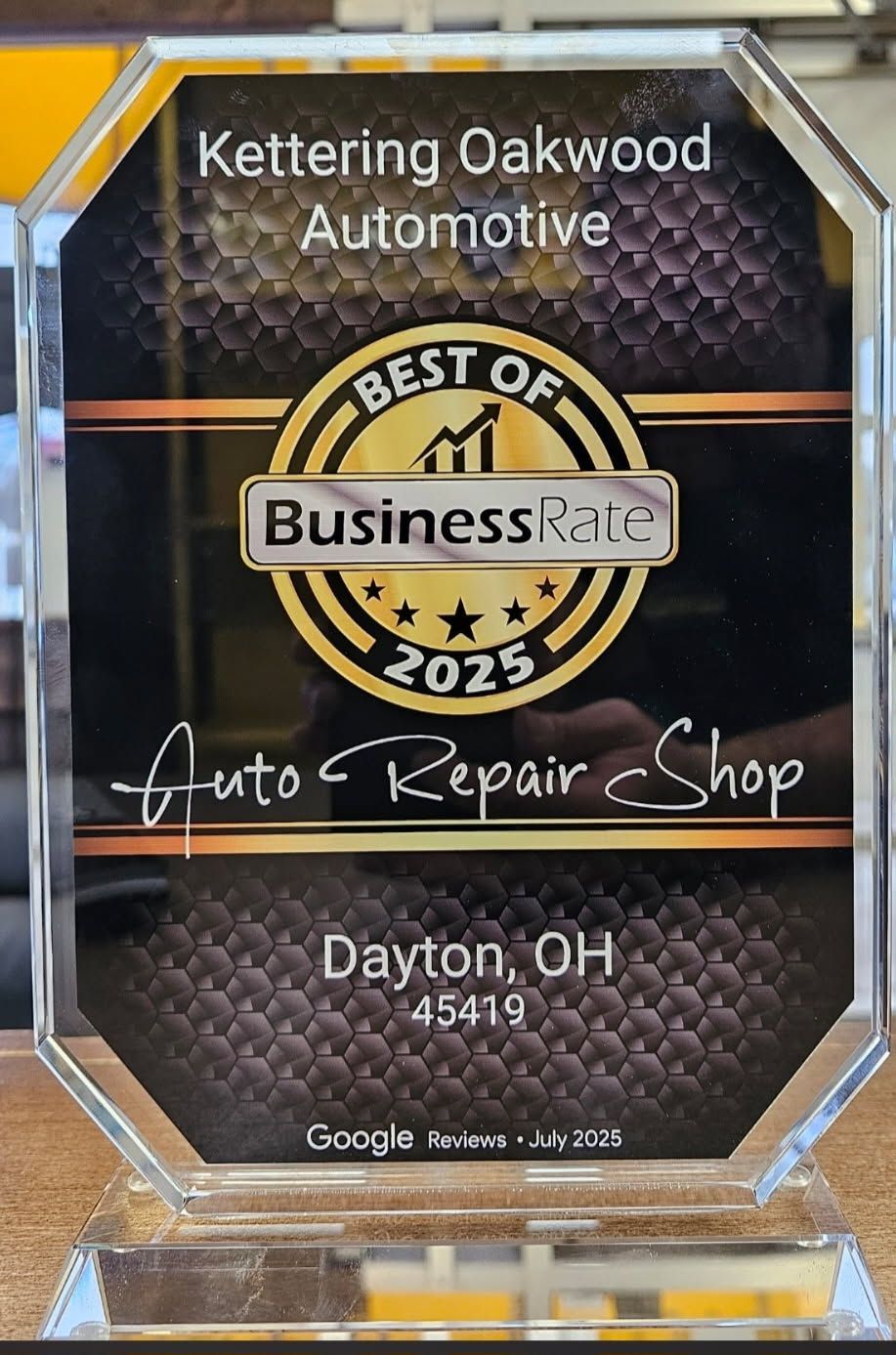 Kettering Oakwood Automotive Best of Business 2021 auto repair shop award plaque, Dayton, OH