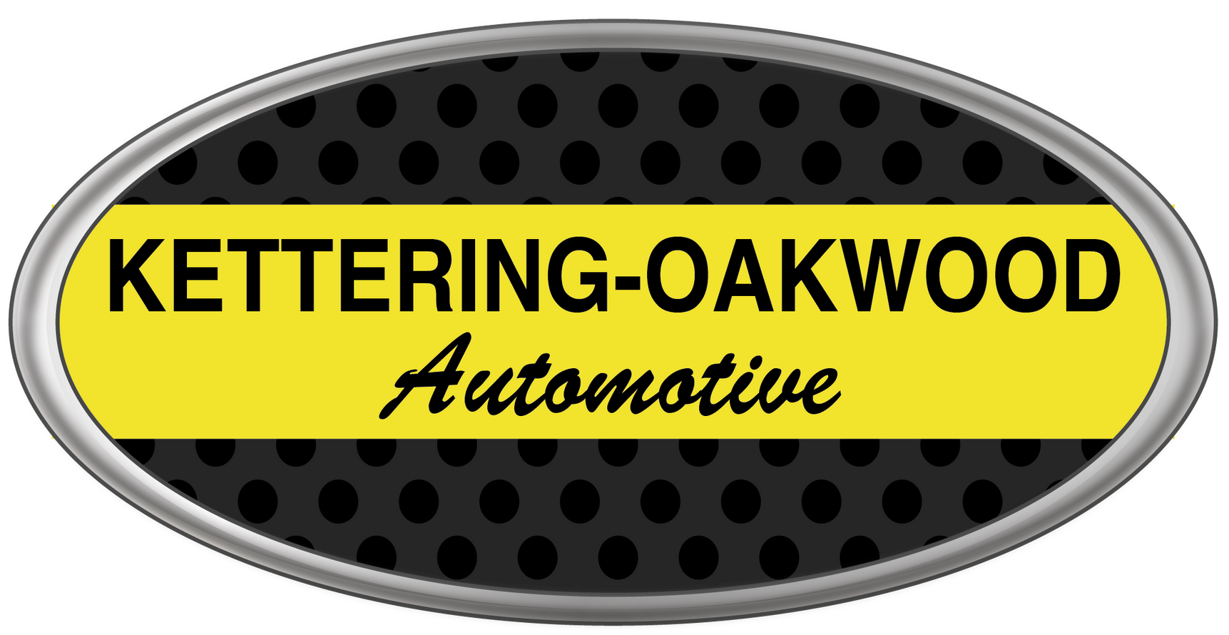 Logo for Kettering-Oakwood Automotive: oval with yellow banner and black text over a perforated black background.