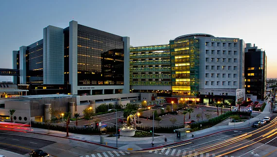 Modern office buildings at dusk with lit windows and curving city streets in front