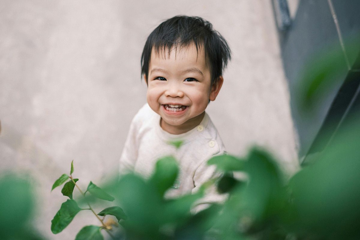 Smiling child peeks through green leaves in soft natural light