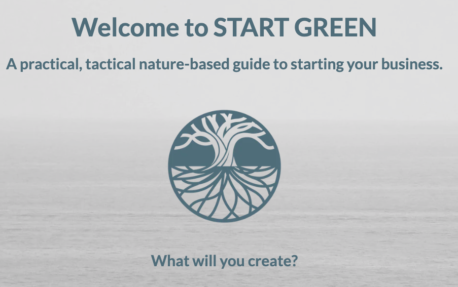 Startup guide cover reading “Welcome to START GREEN” with a teal tree logo and “What will you create?”