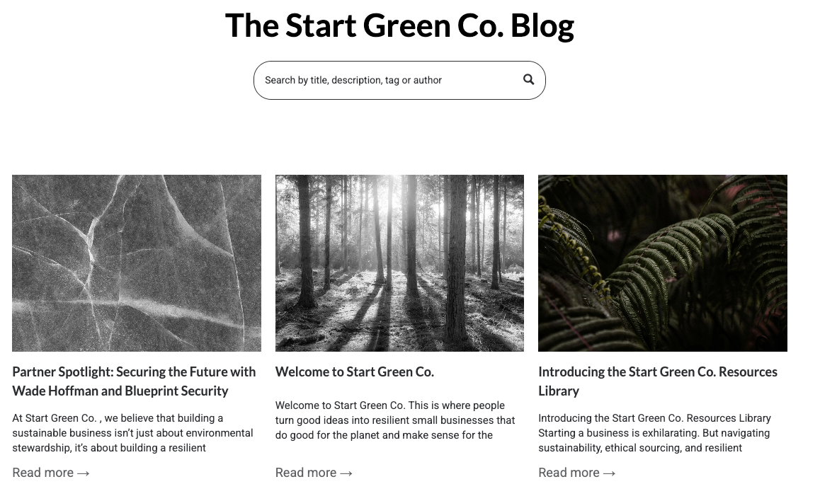 Blog homepage with three nature article thumbnails: leaf veins, forest trees, and fern leaves