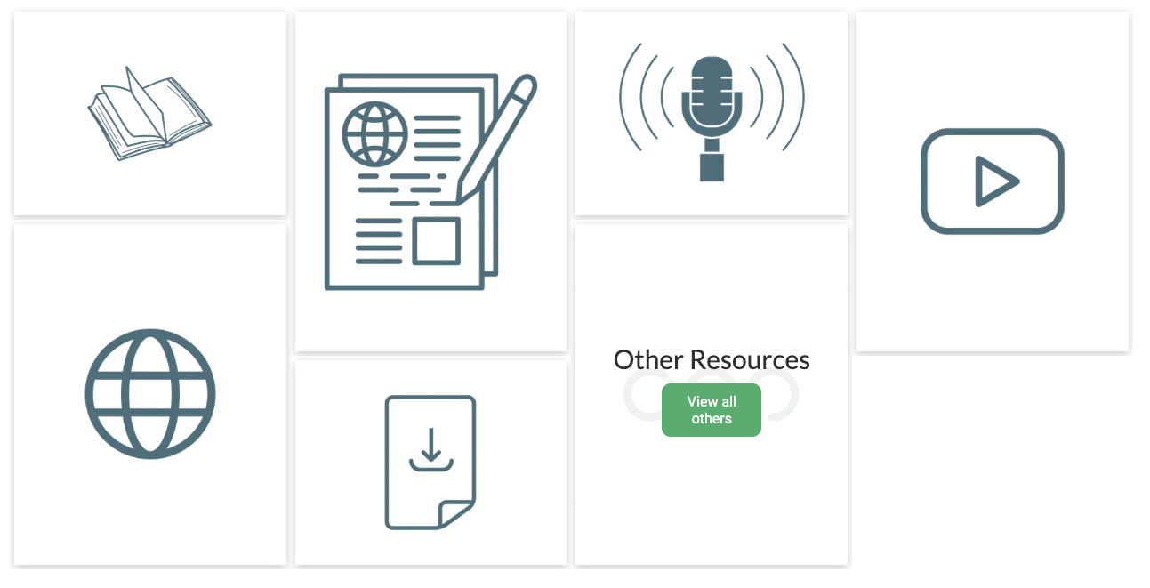 Menu of resource icons: books, document, microphone, globe, download, and play button.