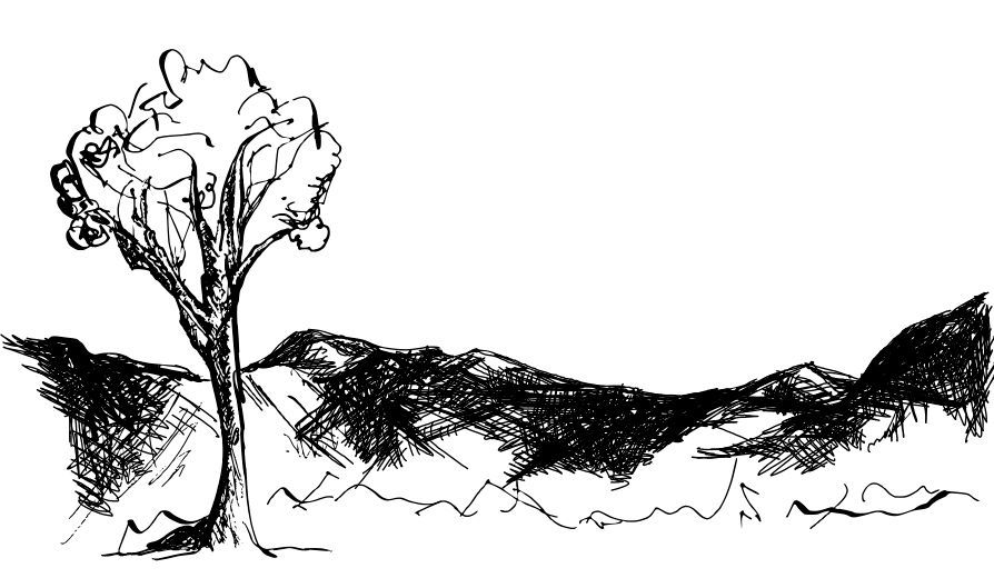 A black and white drawing of a tree in a field with mountains in the background.