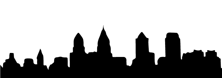A black and white silhouette of a city skyline on a white background.