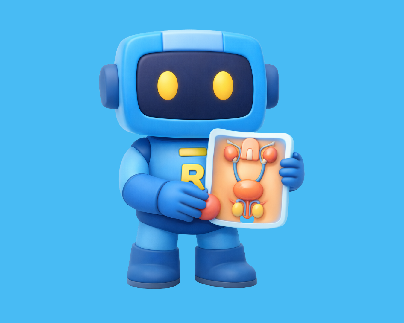 Robô azul de desenho animado segurando um diagrama médico de órgãos humanos sobre um fundo azul claro.