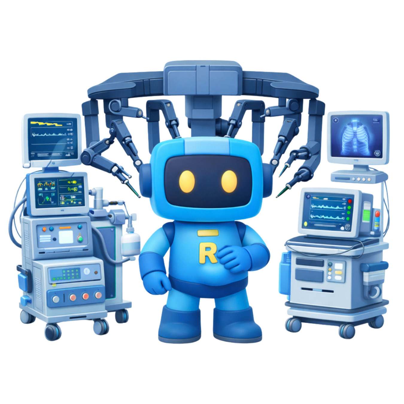Robô médico azul com olhos brilhantes ao lado de monitores e equipamentos hospitalares, em um laboratório de tecnologia.