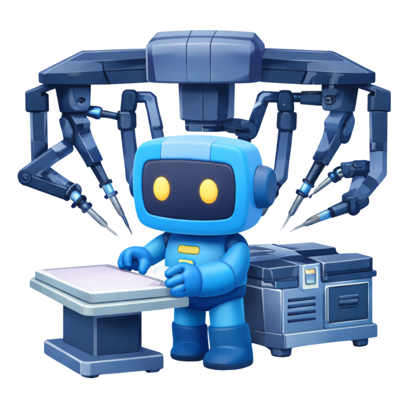 Robô azul operando uma máquina cirúrgica futurista com braços robóticos em um laboratório.
