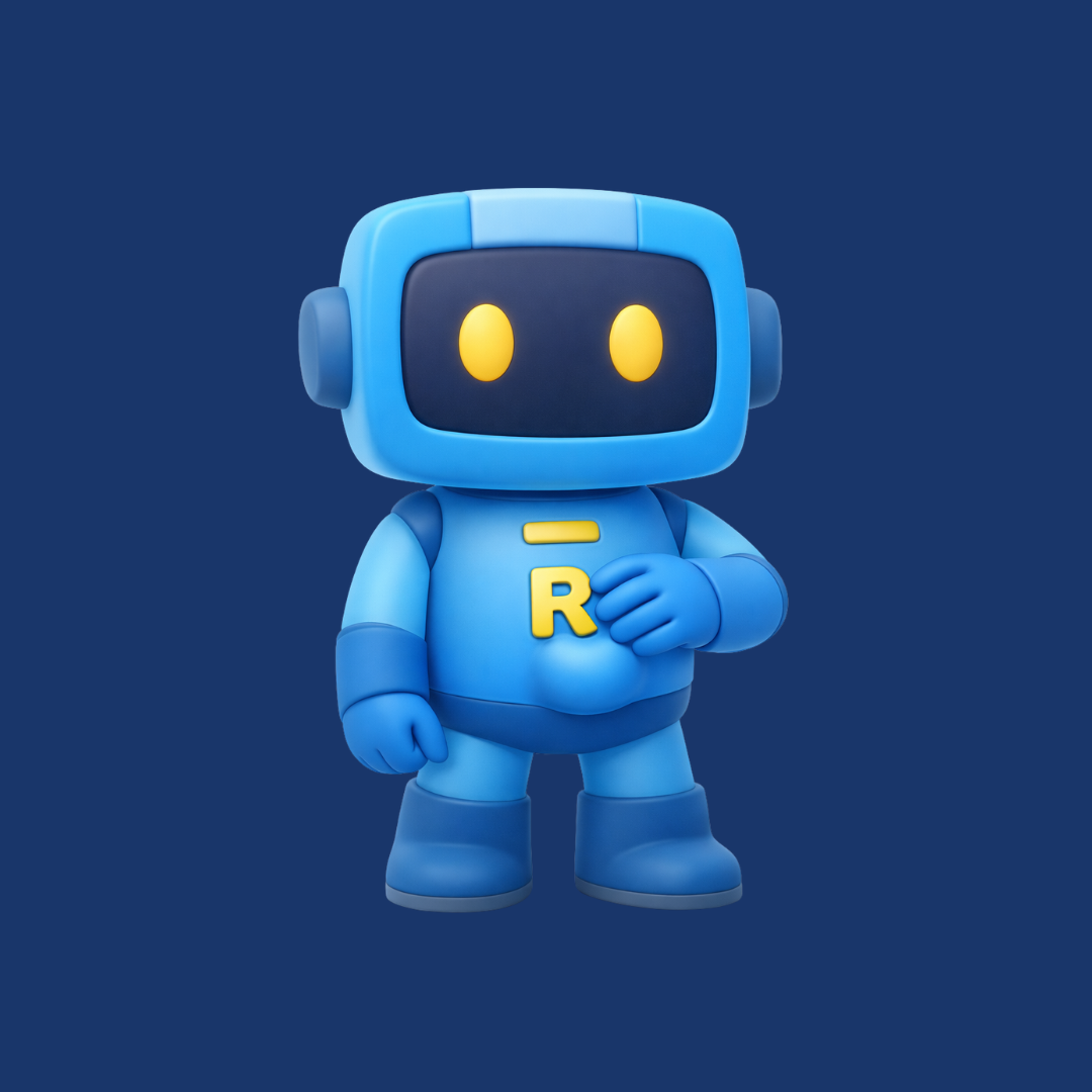 Mascote robô azul de desenho animado com olhos amarelos brilhantes e um R no peito, em pé sobre um fundo azul escuro.