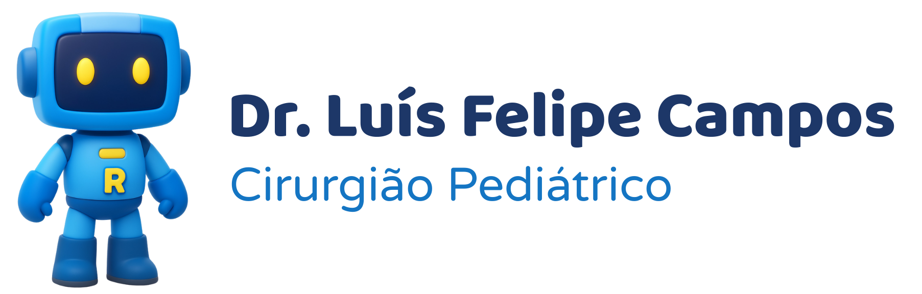 Logotipo do Dr. Lu&iacute;s Felipe Campos, cirurgi&atilde;o pedi&aacute;trico, com um mascote rob&ocirc; azul e texto em azul.