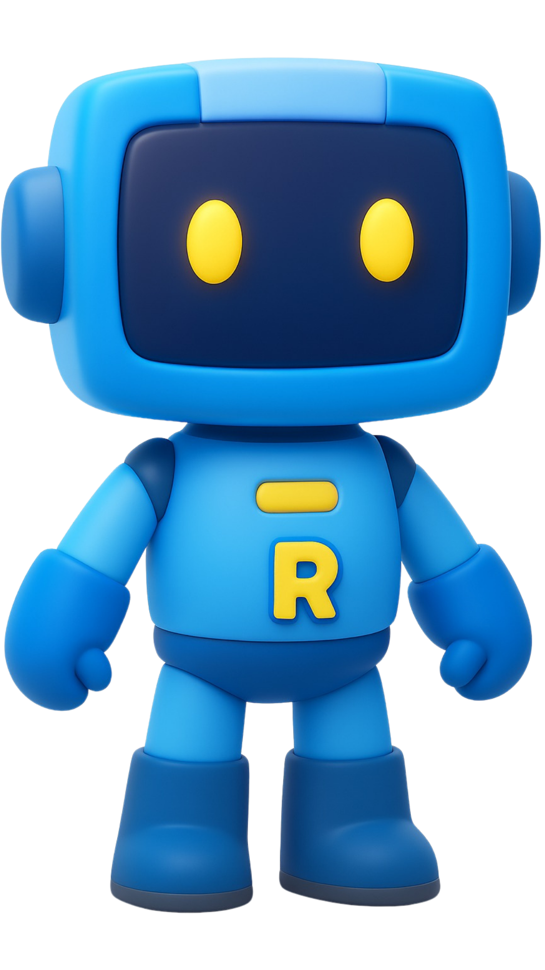 Robô azul de desenho animado com olhos amarelos brilhantes e um 