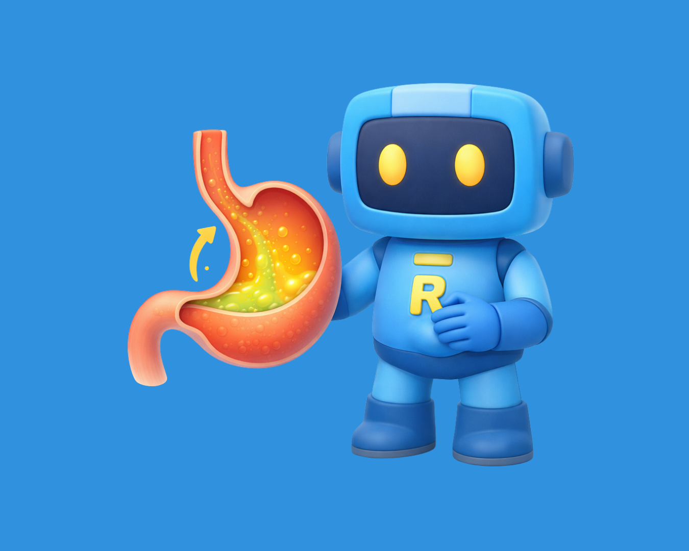 Robô azul segurando um estômago ao lado de um estômago laranja brilhante em um fundo azul.