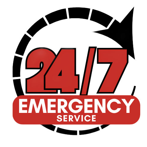 24/7 emergency service logo with red text and a black circular arrow icon