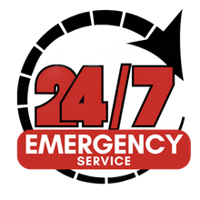 24/7 emergency service logo with red text and a black circular arrow icon