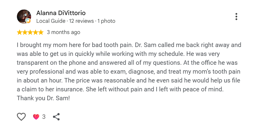 5-star Google review of Pittsburgh Dentistry