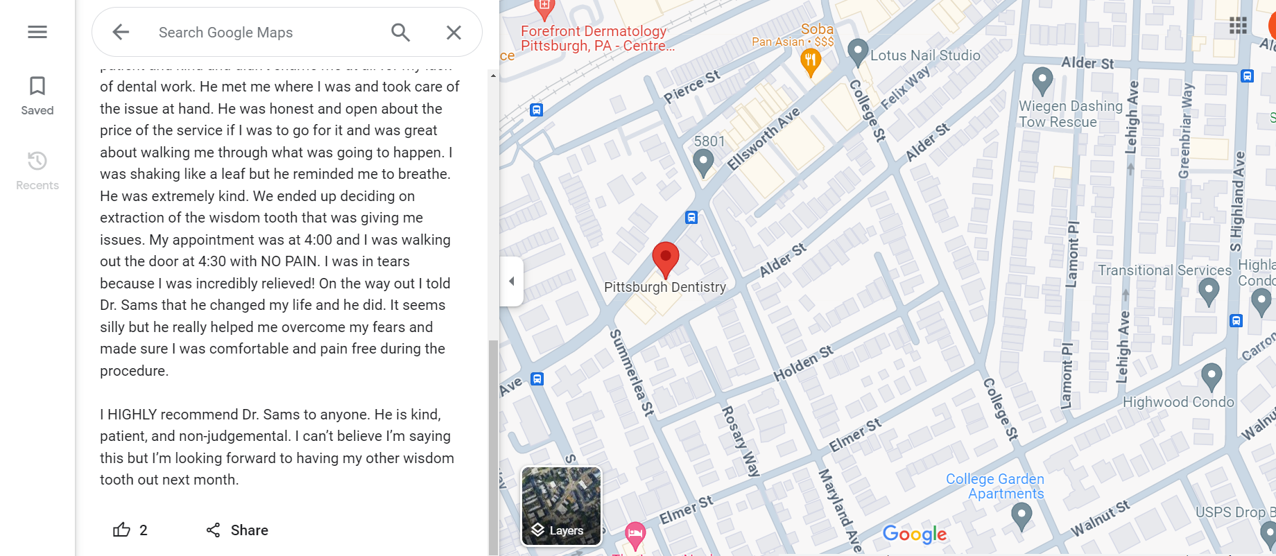5-star Google review of Pittsburgh Dentistry