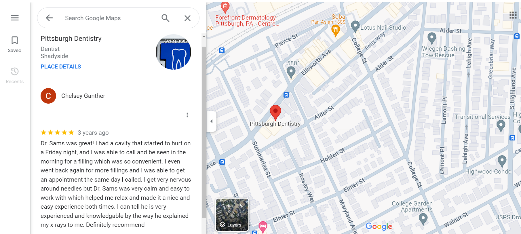 5-star Google review of Pittsburgh Dentistry