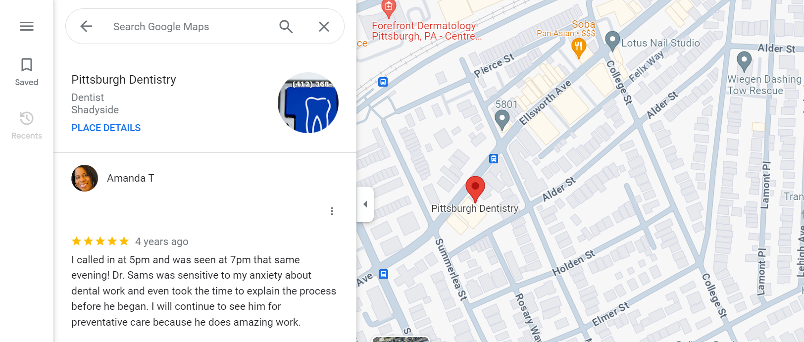 5-star Google review of Pittsburgh Dentistry