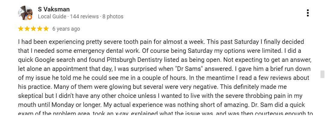 5-star Google review of Pittsburgh Dentistry