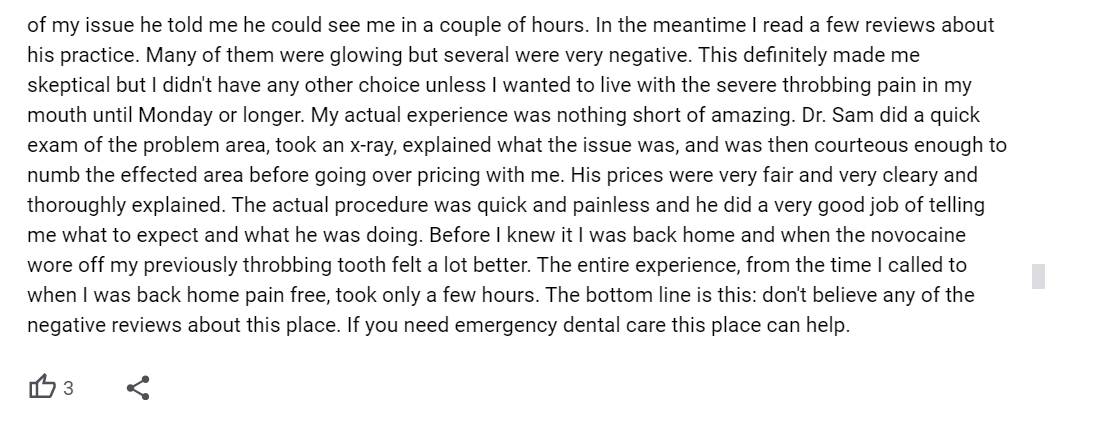 5-star Google review of Pittsburgh Dentistry