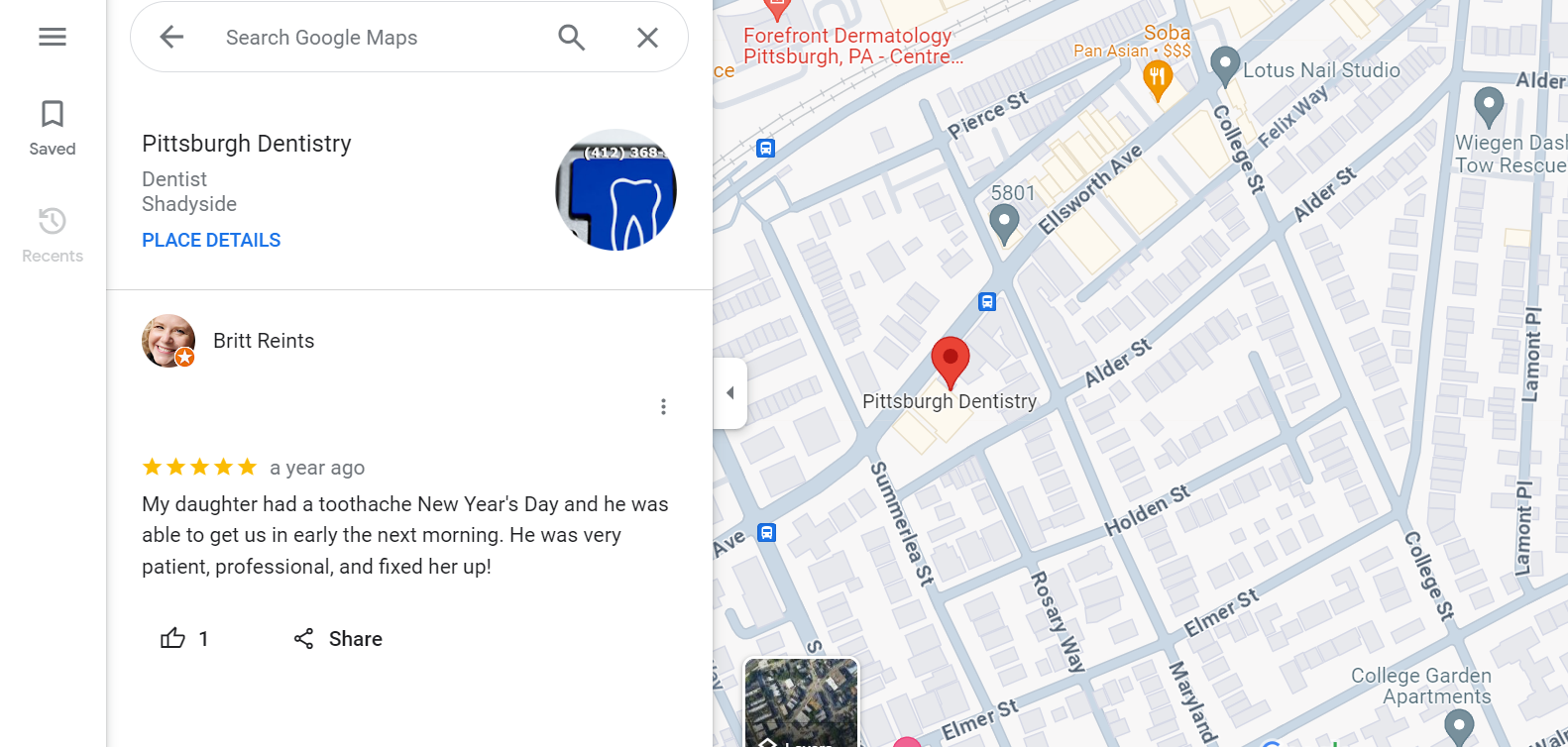 5-star Google review of Pittsburgh Dentistry