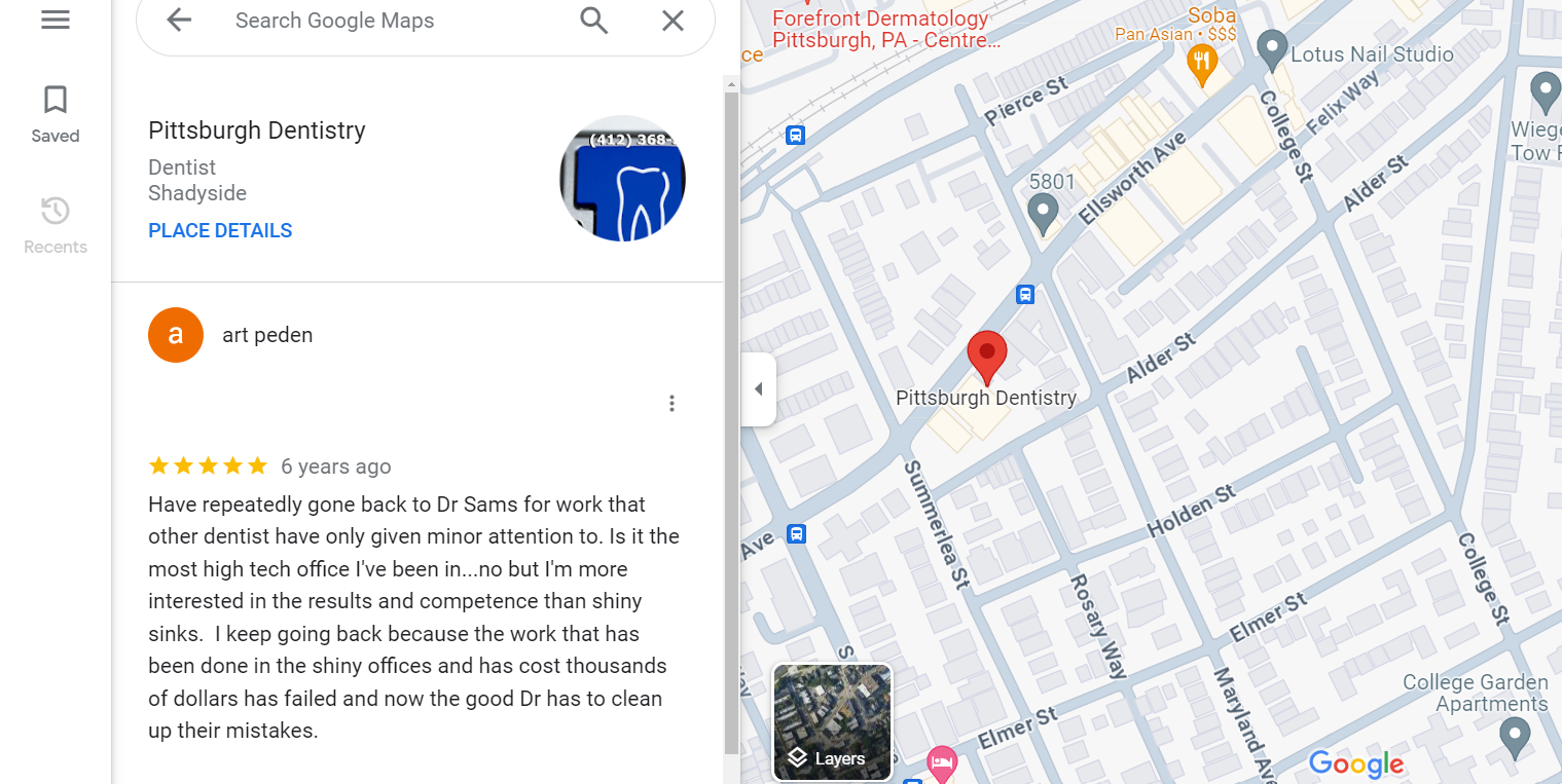 5-star Google review of Pittsburgh Dentistry