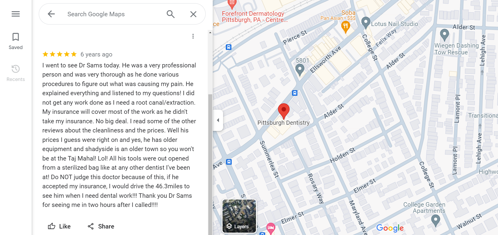 5-star Google review of Pittsburgh Dentistry