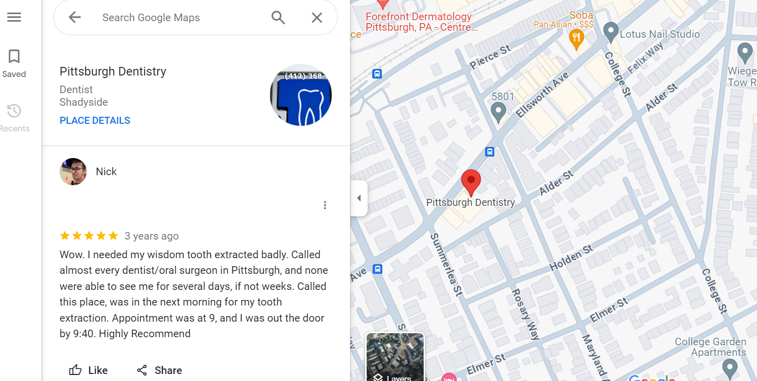 5-star Google review of Pittsburgh Dentistry