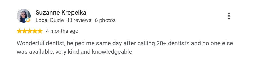 5-star Google review of Pittsburgh Dentistry from Suzanne K.