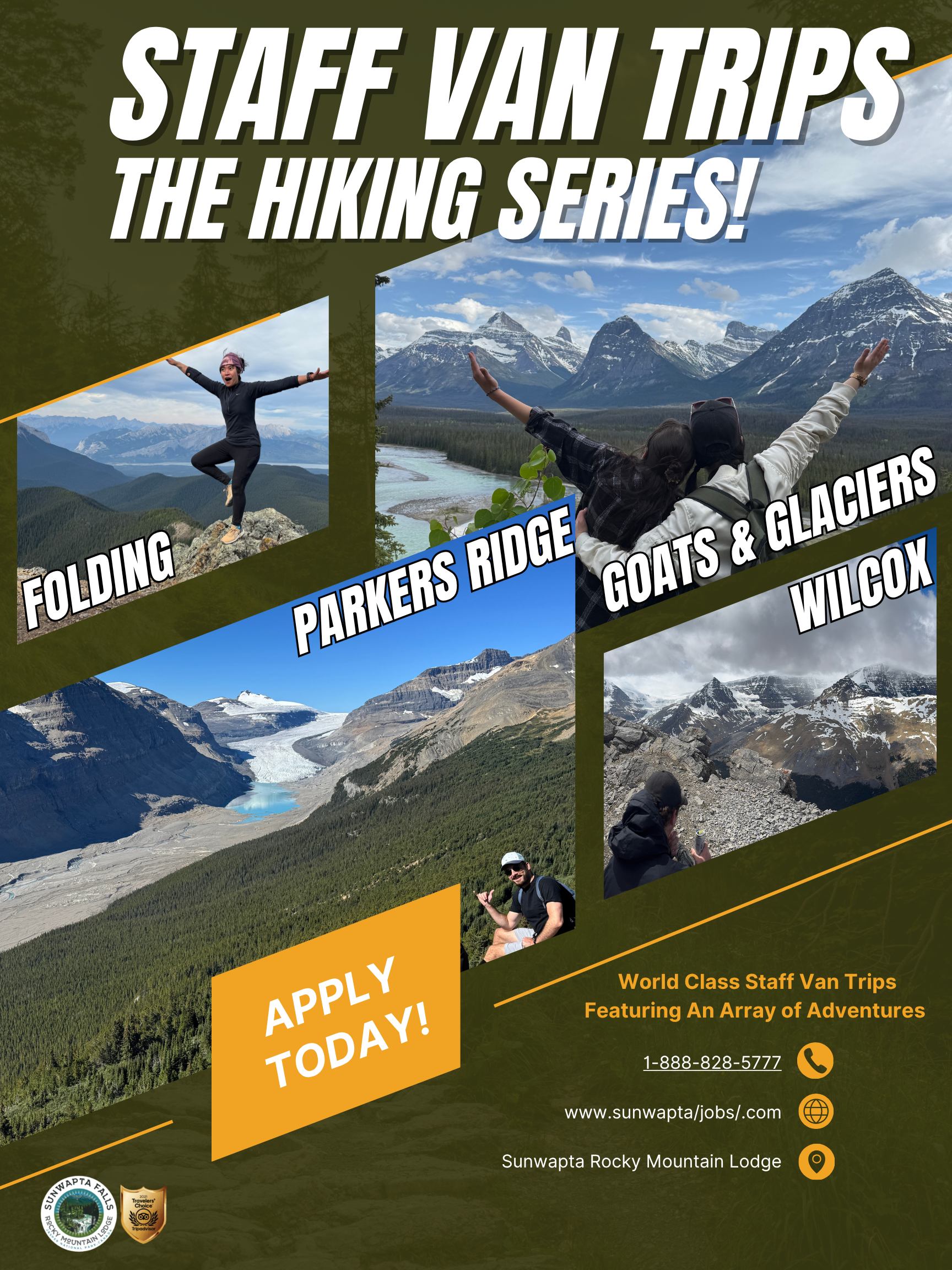 Staff van trips hiking series poster with mountain photos, routes, and an “Apply Today!” callout.