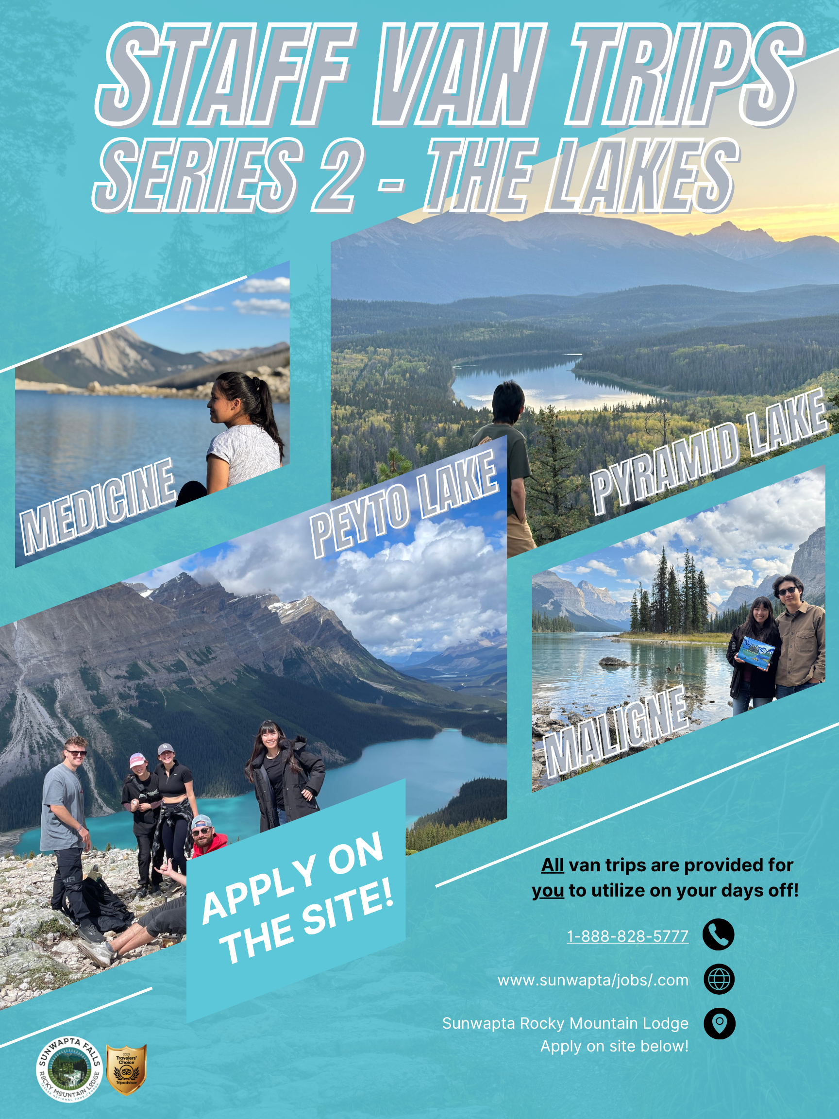 Staff van trips series 2: The Lakes poster with scenic lake views and travelers, “Apply on the site!”