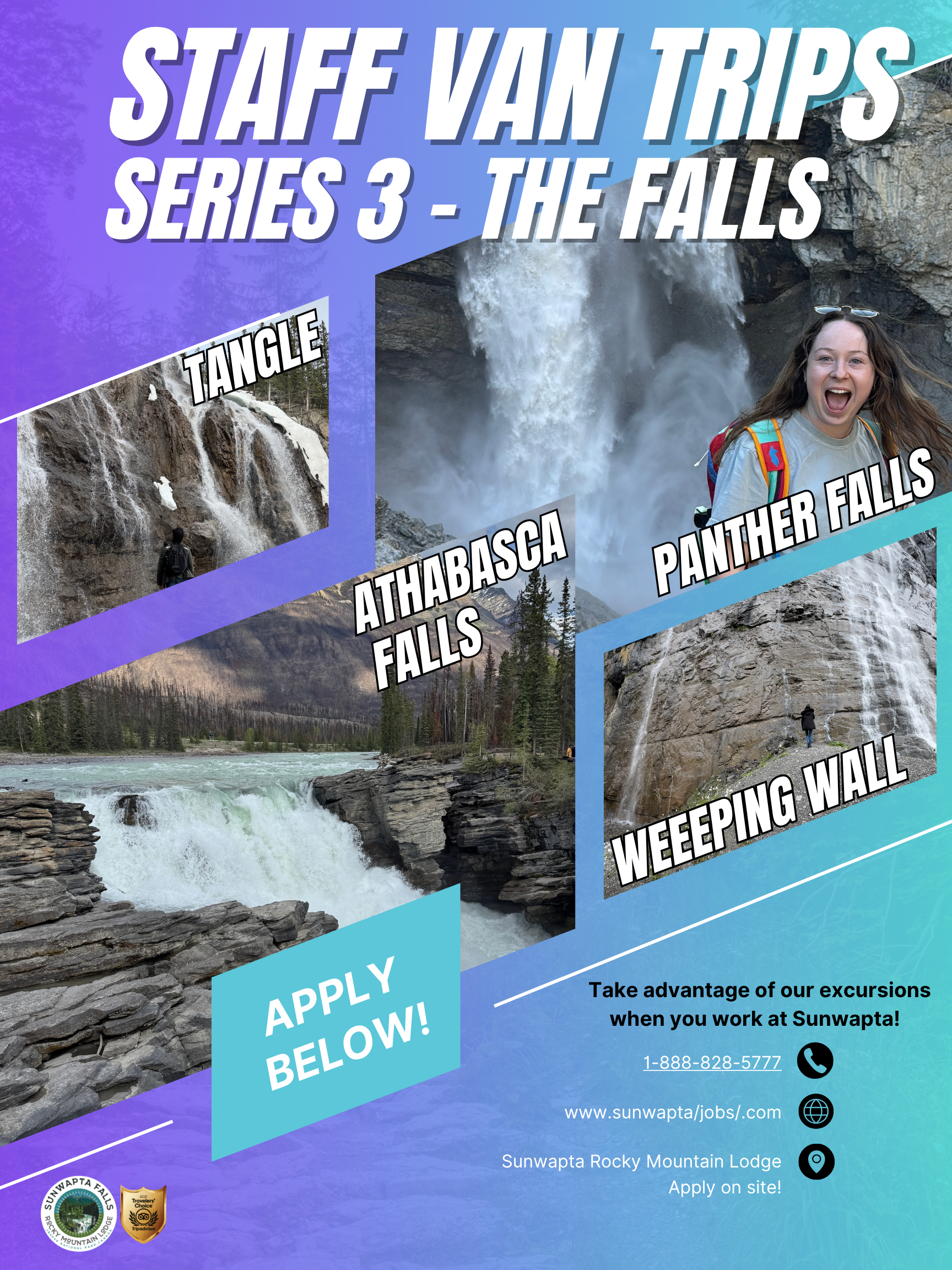 Staff van trips poster for Series 3: The Falls, with waterfall photos, a hiker, and an “Apply below” callout