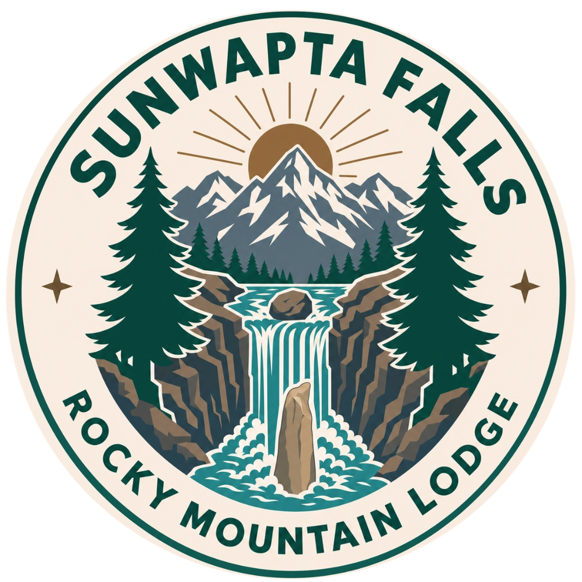 Circular logo for Sunwapta Falls Rocky Mountain Lodge with mountain, waterfall, and evergreen trees