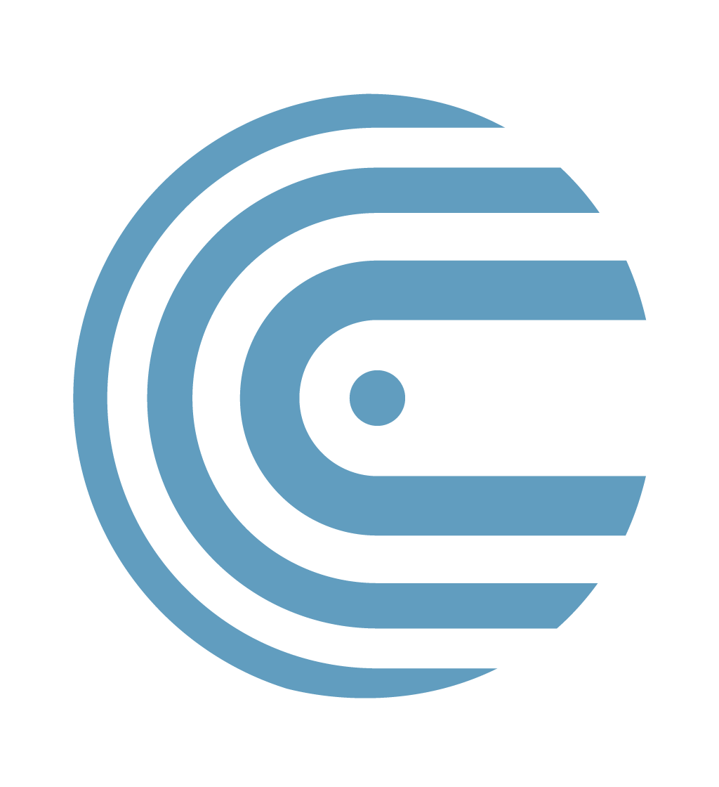 Un logo bleu composé de trois bandes concentriques en forme de C formant un cercle, avec un point plein au centre.