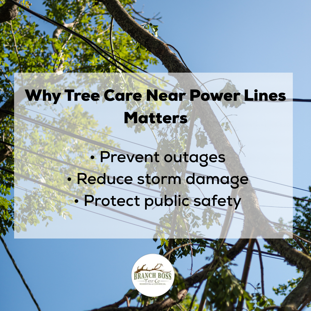 Tree branches near power lines with text explaining the importance of tree care: preventing outages, reducing storm damage, and protecting safety. Tree branches near power lines with text explaining the importance of tree care: preventing outages, reducing storm damage, and protecting safety.