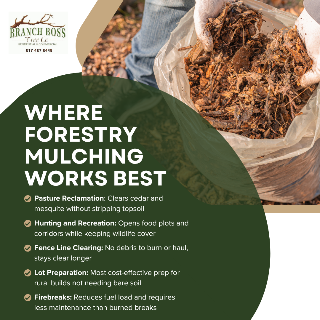 Branch Boss forestry mulching promo with green text on brown mulch background Branch Boss forestry mulching promo with green text on brown mulch background