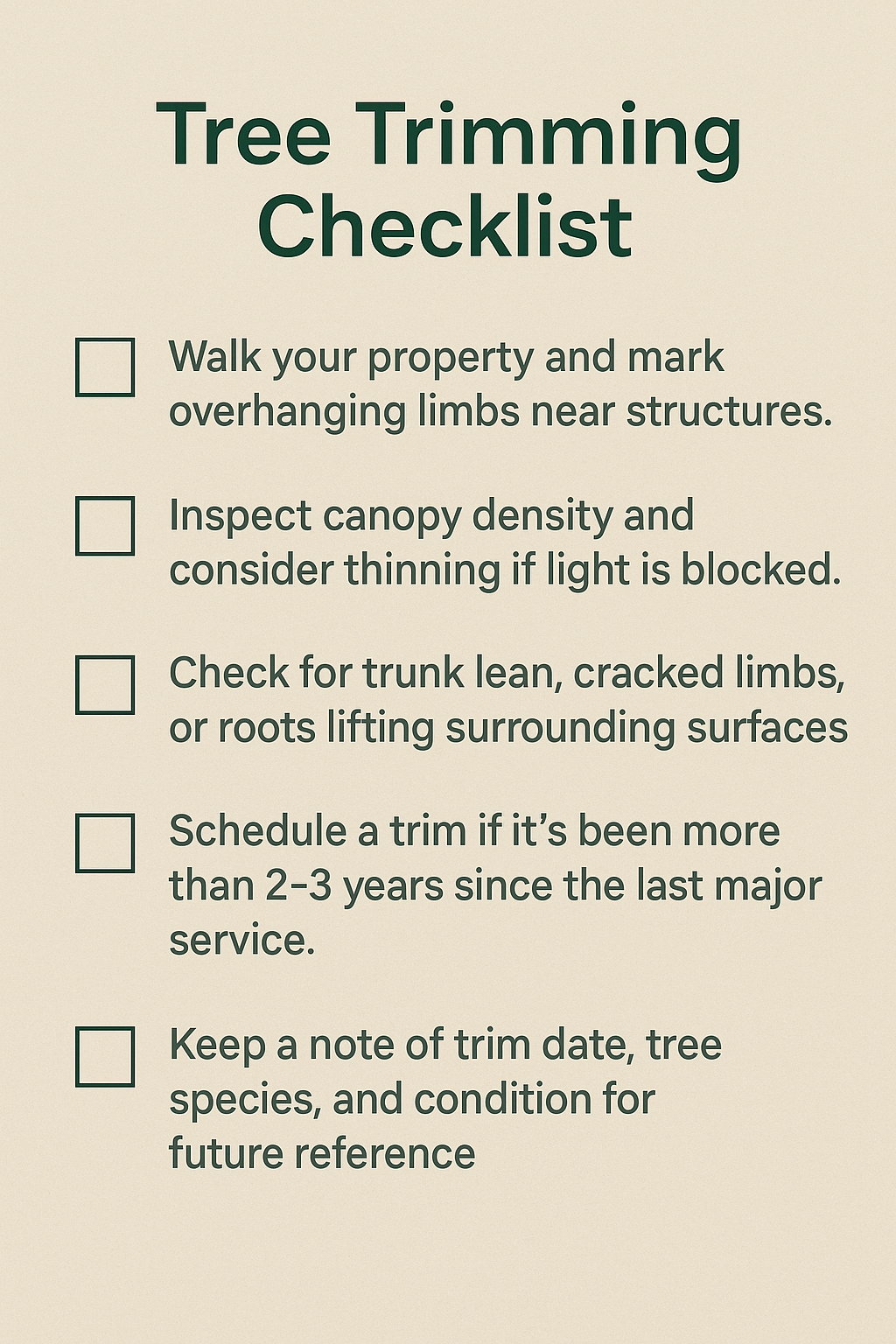 Tree trimming checklist with bullet points: marking limbs, inspecting density, checking for damage, scheduling trim, and noting details.