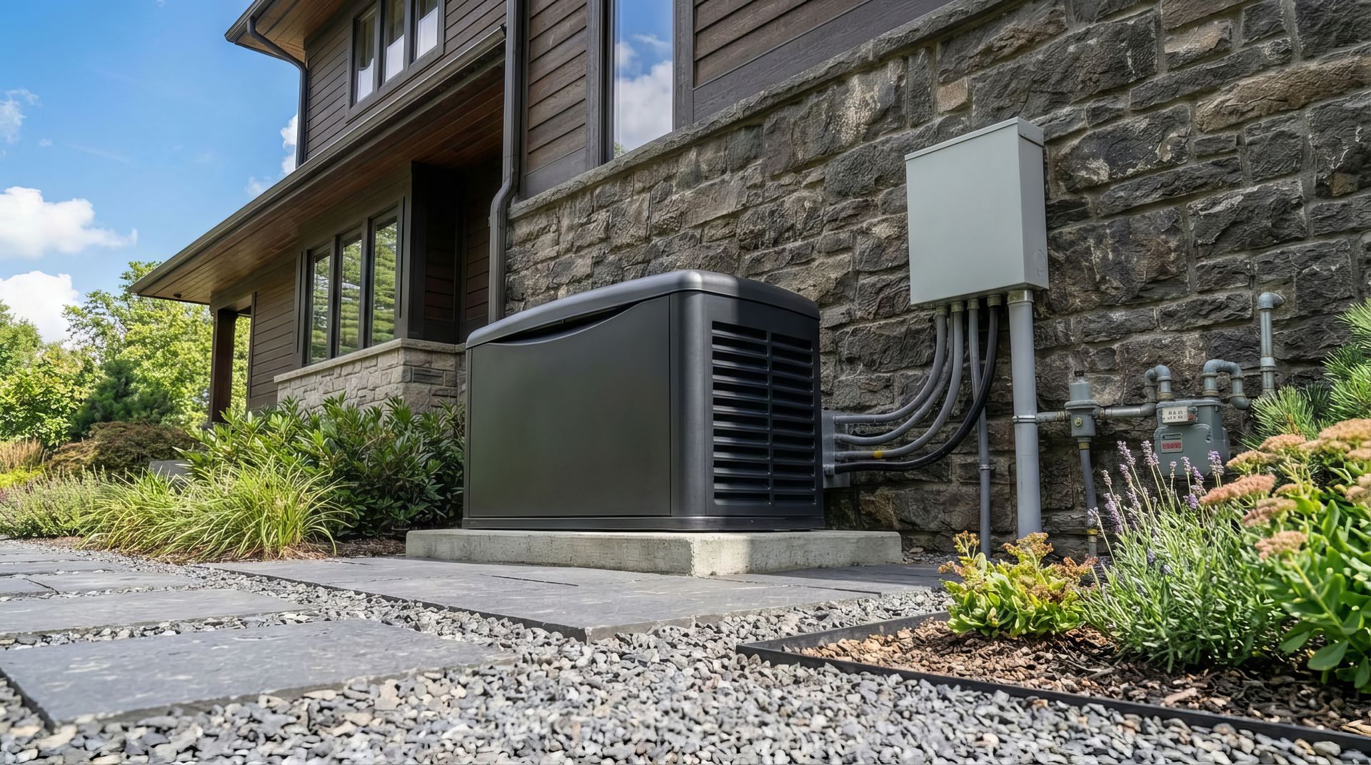 Standby residential generator installed on a concrete pad outside a home, ready for year-round gener