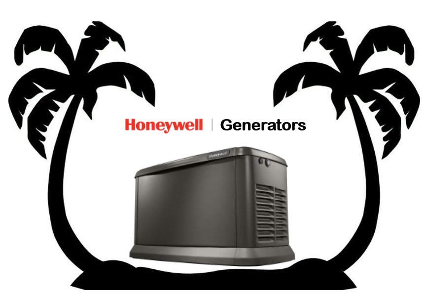 Black silhouette palm trees frame a Honeywell generator. The brand logo is in the top center.