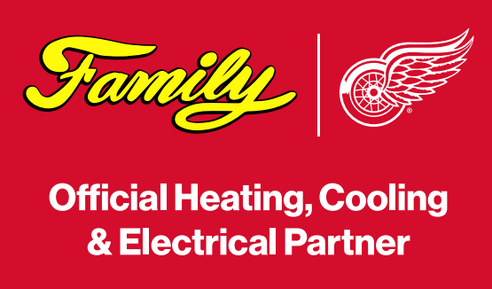 Family Heating, Cooling & Electrical Partner logo with Red Wings logo on red background.