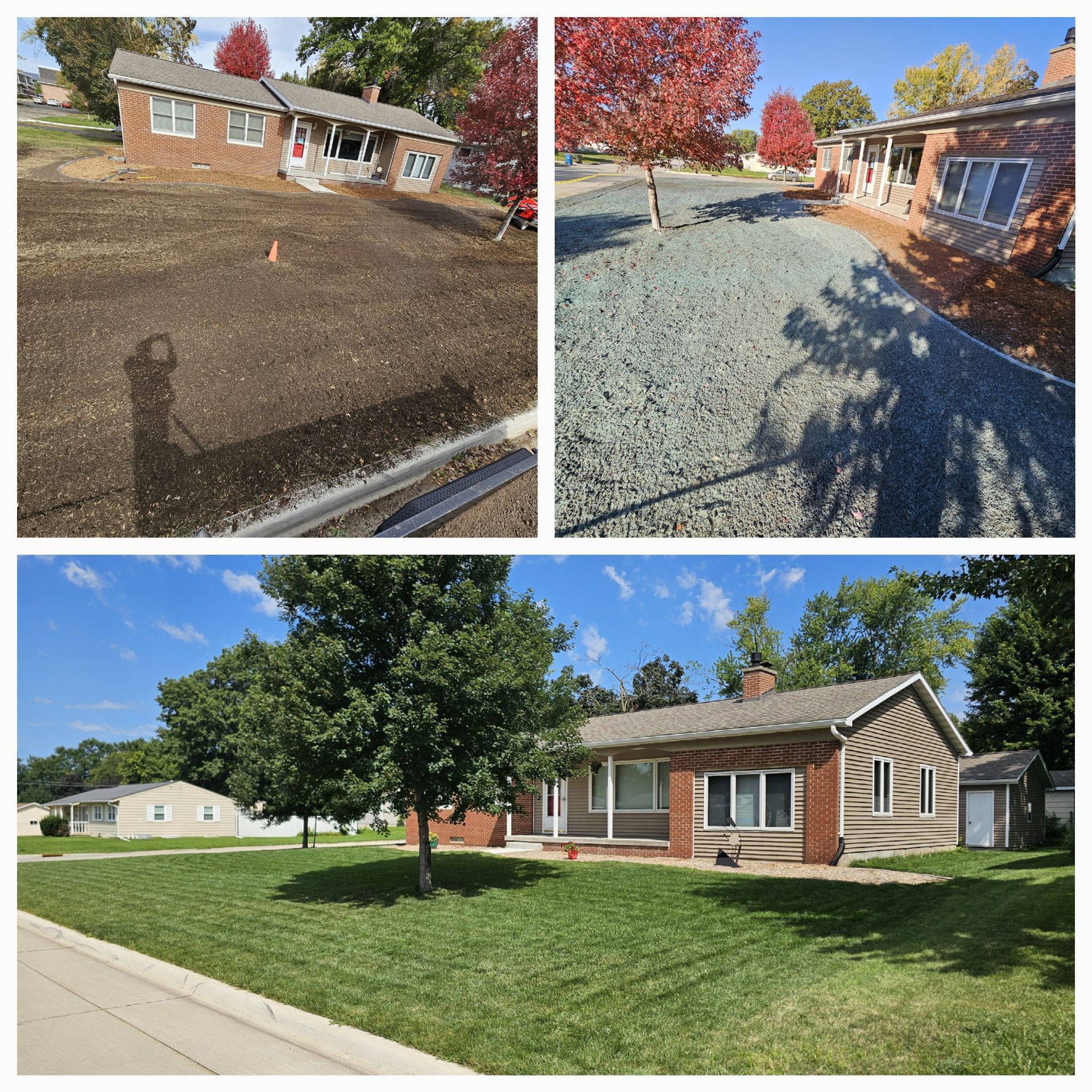 A collage of pictures showing a house before and after being landscaped