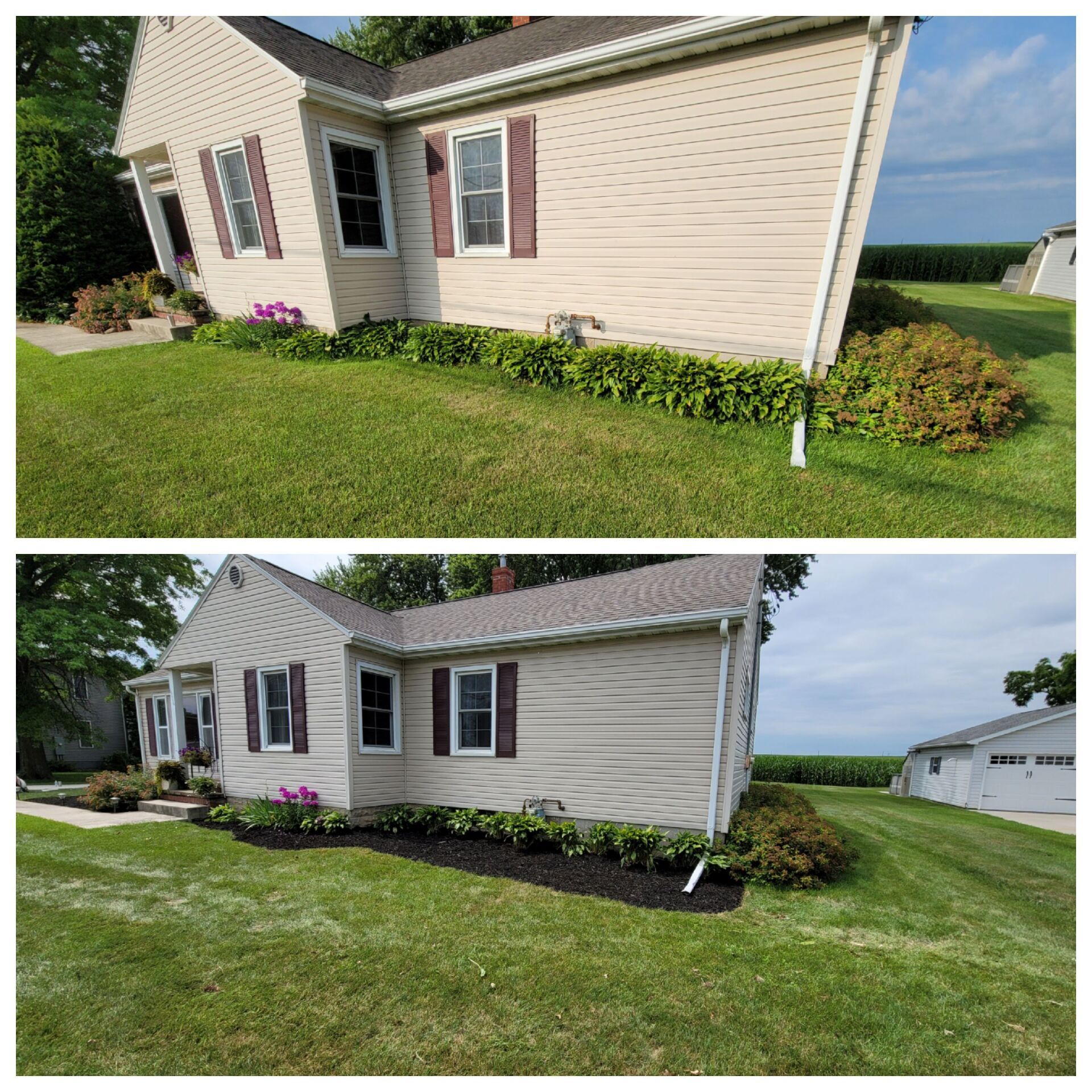 A before and after picture of a house with a lush green lawn.