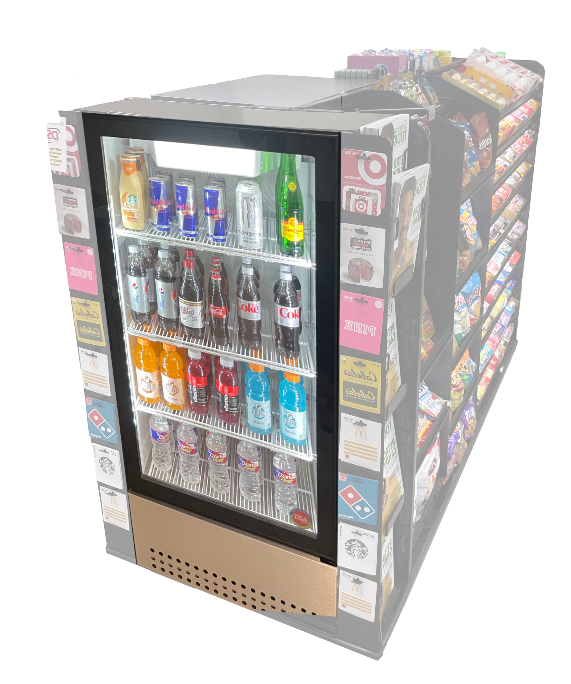 A refrigerator filled with bottles and cans of soda in a store.