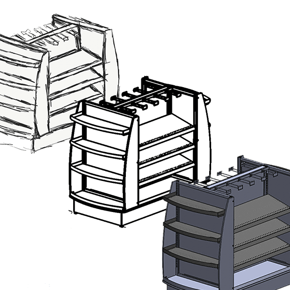A black and white drawing of three shelves on a white background