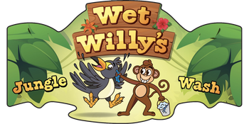 Wet Willy’s Jungle Wash logo with a monkey, bird, and soap in green jungle leaves