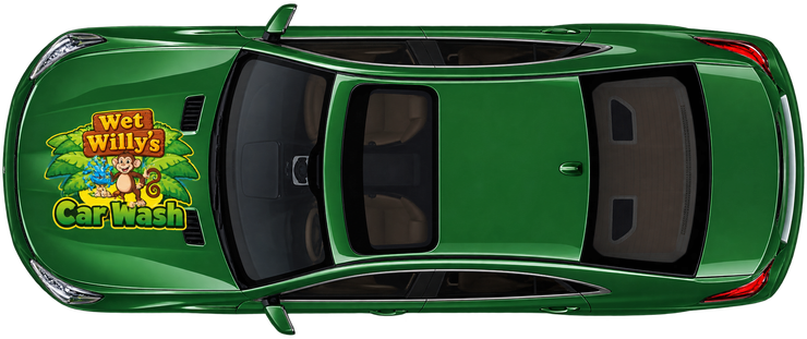 Top-down view of a green race car with a Wet Willy’s Hot Rods decal on the hood